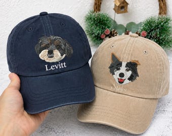 犬の顔の刺繍入りカスタムキャップ、写真から作るペットの肖像画入り帽子、犬好きのためのベースボールキャップ、犬の名前入りカスタムキャップ、ペットの追悼ギフト