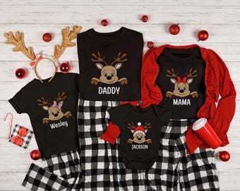 Personalized Reindeer Christmas Shirt, Custom Name Reindeer Family Tee, Family Matching Xmas T-Shirt, Christmas Holiday Gift For Family