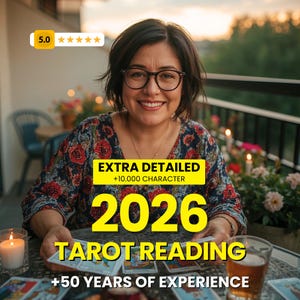 Op de afbeelding: Een lachende vrouw met een bril zit aan een tafel met tarotkaarten. De afbeelding bevat de tekst "EXTRA GEDETAILLEERD +10.000 TEKENS", "2026 TAROT READING" en "+50 JAAR ERVARING". Een beoordeling van 5,0 sterren is ook zichtbaar.