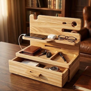 Könnte beinhalten: Ein Schreibtisch-Organizer aus hellem Holz mit mehreren Fächern und einer Schublade. Er verfügt über eine Telefonladestation, ein Portemonnaie, Schlüssel, einen Stift, eine Brille und eine Uhr.