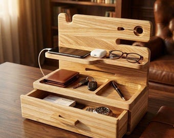 May include: A wooden desk organizer with multiple compartments and a drawer. It features a phone charging station, a wallet, keys, a pen, glasses, and a watch. The organizer is made of light-colored wood.