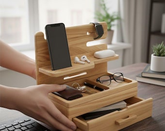 Wooden Nightstand Organizer for Men | Valet Tray with Drawer | Phone Docking Station | Bedside Desk Organizer Gift |  Charging Station Stand