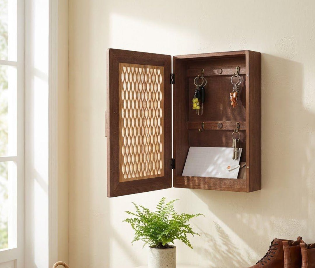 Entryway Wooden Key Holder Wall Mount With Carved Lattice Door, Rustic ...