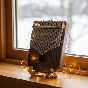 Peut inclure: Un kalimba en bois foncé avec des lamelles métalliques, illuminé par des guirlandes lumineuses blanches chaudes. L'instrument est posé sur un rebord de fenêtre en bois, avec une scène hivernale floue visible.