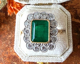 The Alnwick Ring - vintage Solid 18K Yellow Gold, Natural Emerald, and Natural Diamond Cluster Cocktail or Engagement Ring