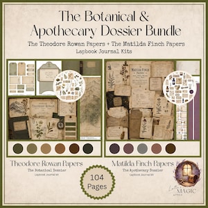 May include: The Botanical & Apothecary Dossier Bundle includes The Theodore Rowan Papers and The Matilda Finch Papers lapbook journal kits. The set features 104 pages of vintage-style paper ephemera, botanical illustrations, apothecary labels, and colour palettes in shades of green, brown, and purple.