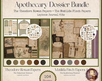Puede incluir: El Botanical & Apothecary Dossier Bundle incluye los kits de diario lapbook The Theodore Rowan Papers y The Matilda Finch Papers. El conjunto cuenta con 104 páginas de papel estilo vintage, ilustraciones botánicas, etiquetas de boticario y paletas de colores en tonos verdes, marrones y morados.