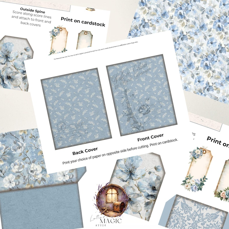 French Blue Floral Junk Journal Kit | Shabby Chic Ephemera Booklet ...