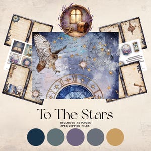 May include: Digital art print titled "To The Stars" featuring an owl in flight against a starry night sky. Includes a clock face, vintage-style pages, and a colour palette of blues, purples, and gold. The image includes the text "To The Stars".