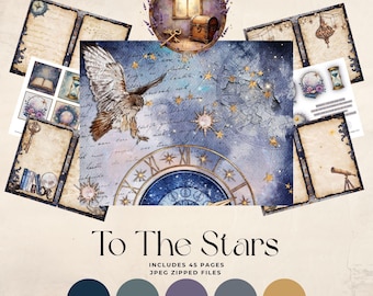 May include: Digital art print titled "To The Stars" featuring an owl in flight against a starry night sky. Includes a clock face, vintage-style pages, and a color palette of blues, purples, and gold. The image includes the text "To The Stars".