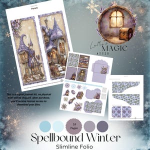 Puede incluir: Un kit de diario digital "Spellbound Winter" con ilustraciones de casas fantásticas, copos de nieve y elementos decorativos. El kit incluye paneles, sobres y otros componentes de manualidades en papel. También aparece el texto "Lettie & Magic Attic".
