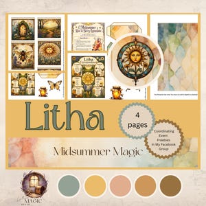 May include: A digital printable set titled Litha Midsummer Magic featuring four pages of illustrations including a sun face, a bee, a butterfly, a honey jar, and a forest path. The set includes text labels for correspondences and a recipe for lemonade.