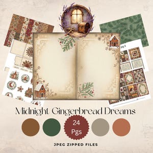 May include: A digital scrapbook kit titled "Midnight Gingerbread Dreams" with a vintage aesthetic. The kit includes patterned papers, stickers, and journal pages. The color palette features warm browns, greens, and muted tones. The kit contains 24 pages and is available as JPEG zipped files.