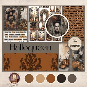 Può includere: Un foglio di collage digitale a tema Halloween, con illustrazioni di streghe, zucche e pipistrelli. Il testo "Halloqueen" è ben visibile, insieme alle parole "41 pagine". La tavolozza dei colori comprende sfumature di marrone, arancione e nero.
