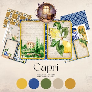 Op de afbeelding: Een verzameling digitale scrapbook-papieren en elementen met een Capri-thema. Het ontwerp bevat aquarel illustraties van citroenen, Italiaanse landschappen en decoratieve patronen in tinten geel, blauw en groen. De tekst "Capri" is prominent weergegeven.
