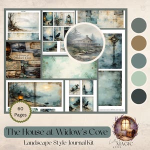 May include: A landscape-style journal kit titled "The House at Widow's Cove" with 60 pages. The design features watercolor illustrations of coastal scenes, a house, a raven, and a lantern. The color palette includes shades of blue, green, and brown.