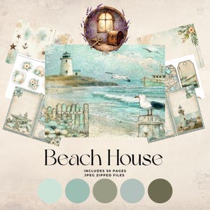 Beach House  Journal Kit |  Coastal Printable Ephemera | Lighthouse Ocean Junk Journal Pages & Nautical Scrapbook