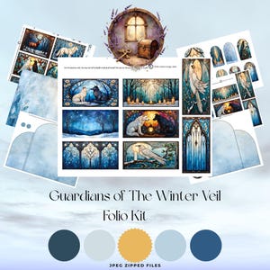 May include: Digital art prints showcasing winter scenes with wolves, ravens, and candlelit forests. The prints are in a watercolour style with blue and white tones. The text "Guardians of The Winter Veil Folio Kit" is displayed at the bottom.