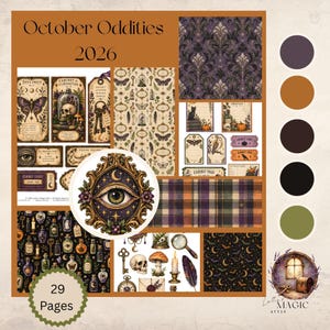 May include: A digital paper pack titled October Oddities 2026 featuring 29 pages of gothic-themed illustrations including skulls, moths, eyes, keys, potions, and pumpkins. The collection includes patterned backgrounds, tags, and tickets in purple, orange, and black.