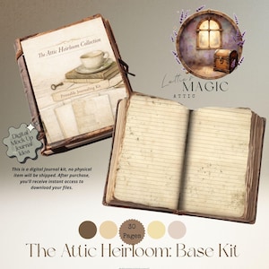 May include: An open journal with lined pages and a closed journal with the text "The Attic Heirloom Collection" and "Printable Journaling Kit." The image includes a watercolor illustration of a window, chest, and lavender. The text reads "Digital Mock Up Journal Idea" and "The Attic Heirloom: Base Kit."