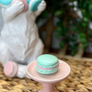 May include: A light green macaron with pink filling sits on a small, pink, pedestal cake stand. The stand is on a woven surface. A white bunny figurine with macarons is in the background.