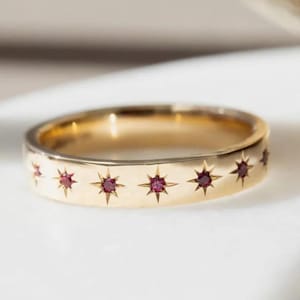 14K Solid Gold Pink Ruby Wedding Band Starburst Band Vintage Diamond Engagement Ring Unique Promise Ring Stackable Gold Band Women's Gift