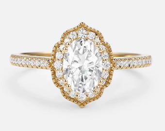 Oval Moissanite Halo Engagement Ring, 14K Yellow Gold Milgrain Wedding Ring, Pave Eternity Band, Vintage Filigree Promise Ring, Gift For Her