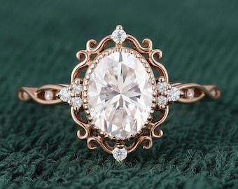 Vintage Oval Cut Moissanite Bezel Set Engagement Ring, 14K Gold Art Deco Filigree Ring, Promise Ring, Bridal Wedding Ring, Anniversary Gift