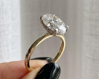 3 CT Oval Moissanite Engagement Ring, 14K Yellow Gold Hidden Halo Wedding Ring, Solitaire Ring, Bridal Anniversary Gift, Unique Promise Ring