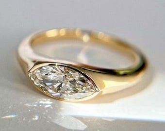 1.5 CT Marquise Moissanite East West Engagement Ring, 14K Yellow Gold Bezel Set Solitaire Ring, Anniversary Gift For Her, Pinky Promise Ring