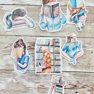 May include: Six watercolor illustrations of people reading books. The illustrations are on a white background with a wood grain texture. The illustrations feature people of different ages and genders reading books in different settings. One illustration shows a person reading a book in a library with bookshelves in the background. Another illustration shows a person reading a book on a couch. The illustrations are all in a whimsical style and are perfect for adding a touch of personality to any space.