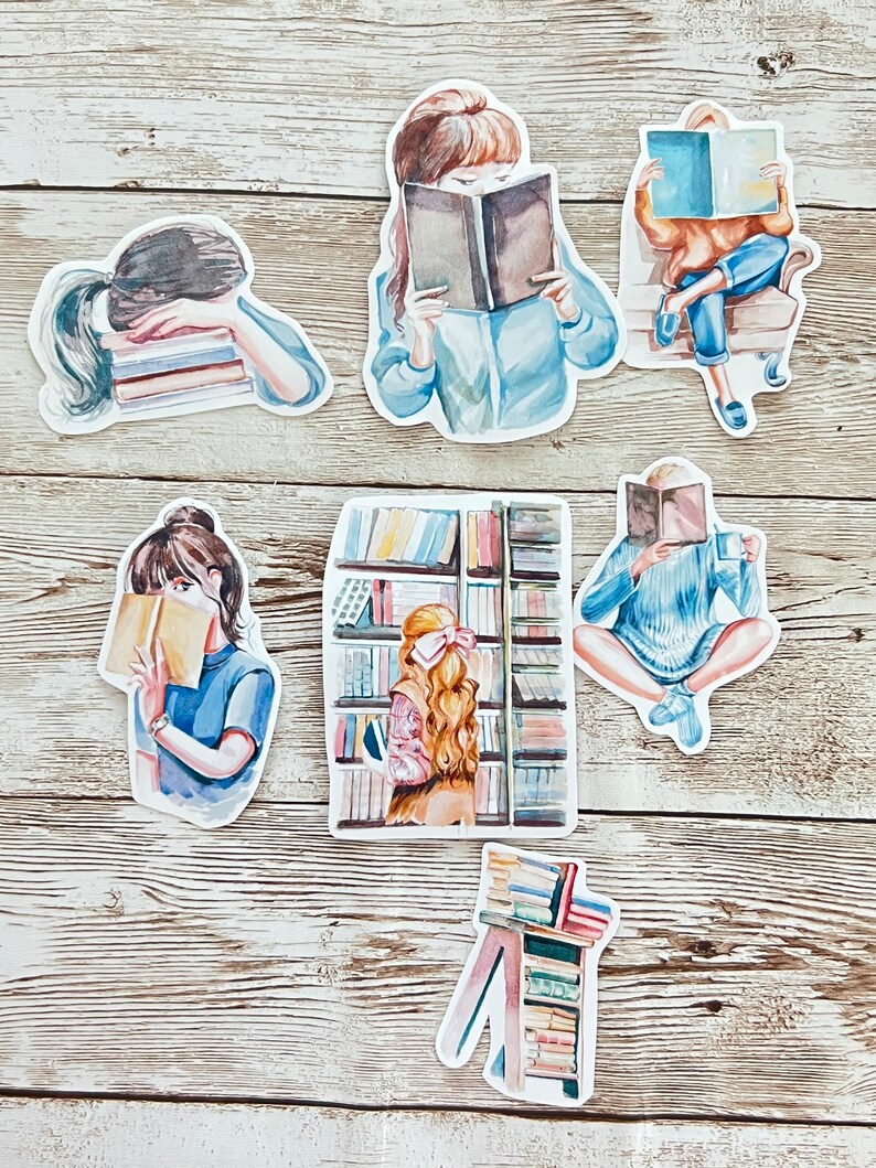 May include: Six watercolor illustrations of people reading books. The illustrations are on a white background with a wood grain texture. The illustrations feature people of different ages and genders reading books in different settings. One illustration shows a person reading a book in a library with bookshelves in the background. Another illustration shows a person reading a book on a couch. The illustrations are all in a whimsical style and are perfect for adding a touch of personality to any space.