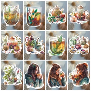 May include: A set of 10 digital stickers featuring watercolor illustrations of teacups, teapots, and herbs. The stickers are perfect for adding a touch of whimsy to your planner, journal, or scrapbook.