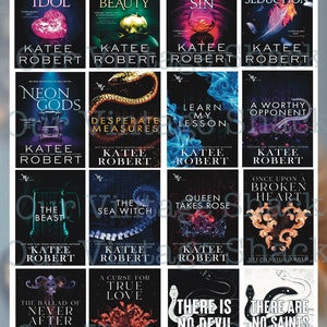 May include: A collage of book covers featuring fantasy and romance novels. The covers feature dark backgrounds with vibrant colors and intricate designs. The titles include "Electric Idol", "Wicked Beauty", "Radiant Sin", "Cruel Seduction", "Neon Gods", "Desperate Measures", "Learn My Lesson", "A Worthy Opponent", "The Beast", "The Sea Witch", "Queen Takes Rose", "Once Upon a Broken Heart", "The Ballad of Never After", "A Curse for True Love", "There is No Devil", and "There Are No Saints".