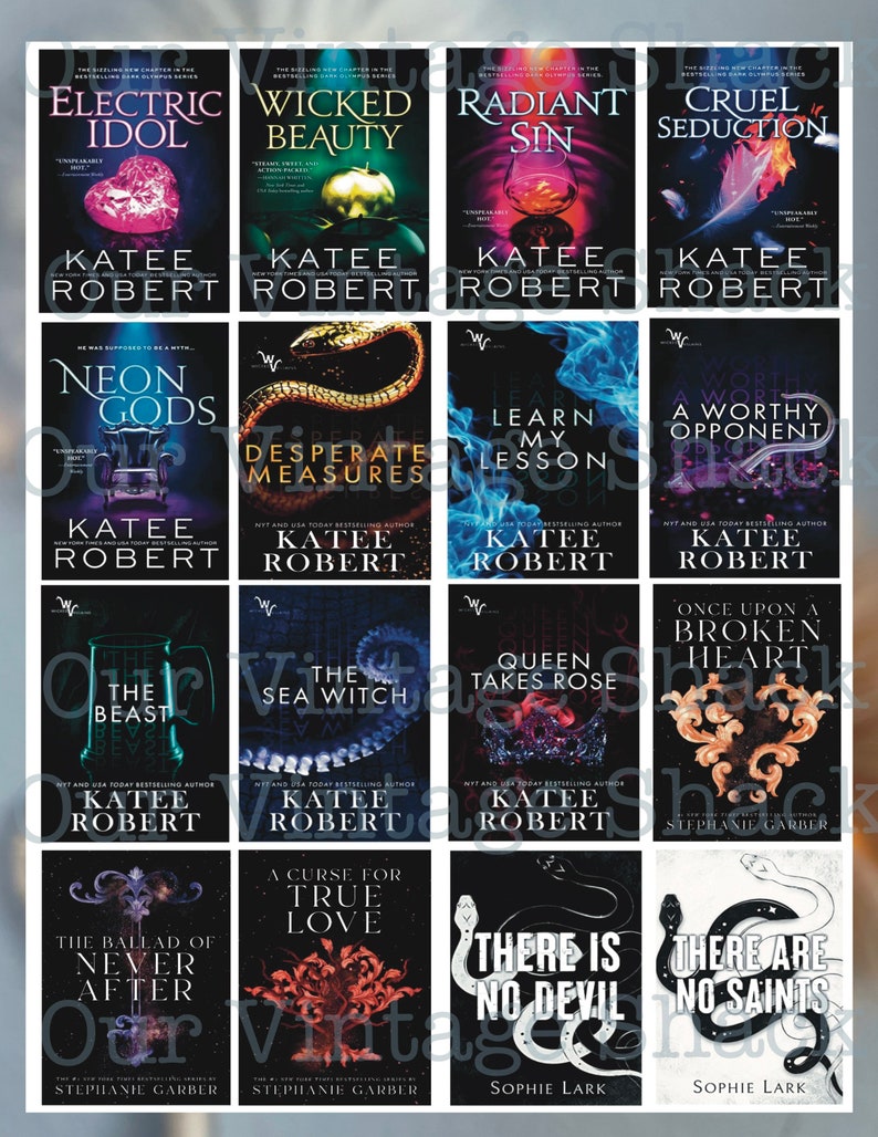 May include: A collage of book covers featuring fantasy and romance novels. The covers feature dark backgrounds with vibrant colors and intricate designs. The titles include "Electric Idol", "Wicked Beauty", "Radiant Sin", "Cruel Seduction", "Neon Gods", "Desperate Measures", "Learn My Lesson", "A Worthy Opponent", "The Beast", "The Sea Witch", "Queen Takes Rose", "Once Upon a Broken Heart", "The Ballad of Never After", "A Curse for True Love", "There is No Devil", and "There Are No Saints".