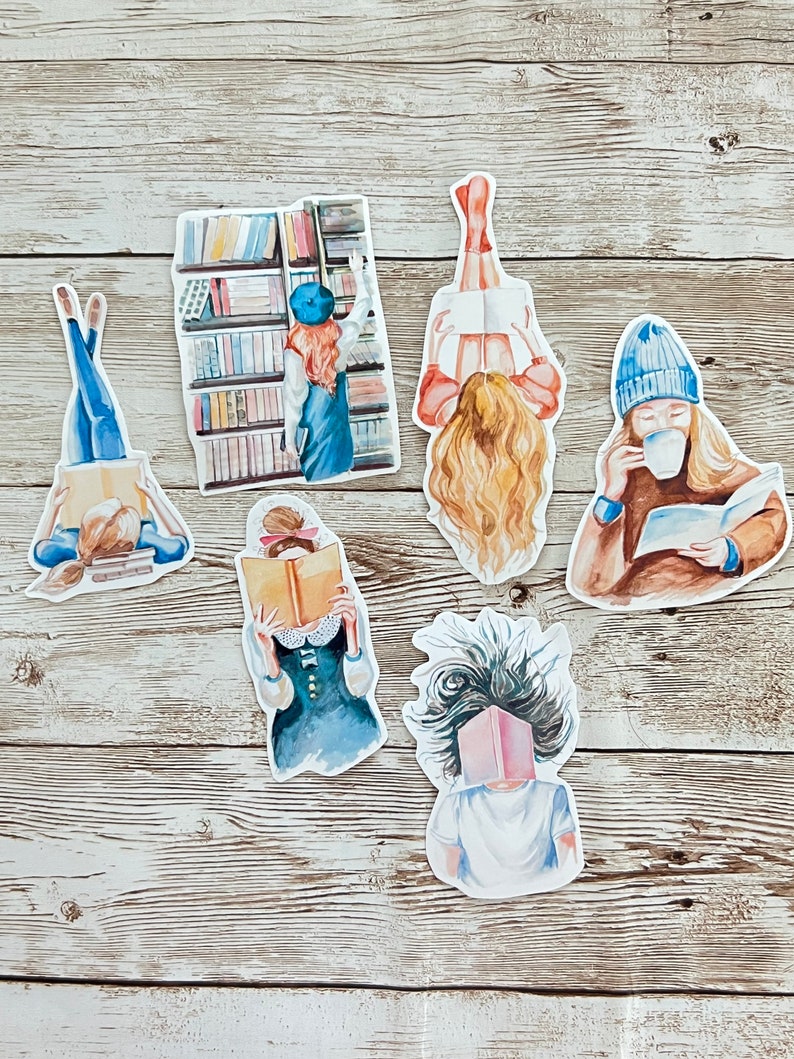 May include: Six watercolor illustrations of people reading books. Each illustration is on a white background and features a person with different hair styles, clothing, and poses. The illustrations are perfect for scrapbooking, card making, or other craft projects.