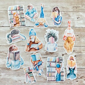 May include: A set of 11 colorful stickers featuring people reading books. The stickers are illustrated in a watercolor style and feature various poses and expressions. The stickers are perfect for adding a touch of whimsy to journals, laptops, water bottles, and more.