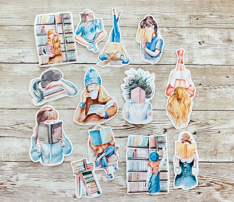 May include: A set of 11 colorful stickers featuring people reading books. The stickers are illustrated in a watercolor style and feature various poses and expressions. The stickers are perfect for adding a touch of whimsy to journals, laptops, water bottles, and more.