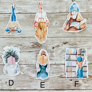 May include: Six watercolor illustrations of women reading books. The illustrations are on a white background with a wood grain texture. The illustrations are labeled with letters A through F.