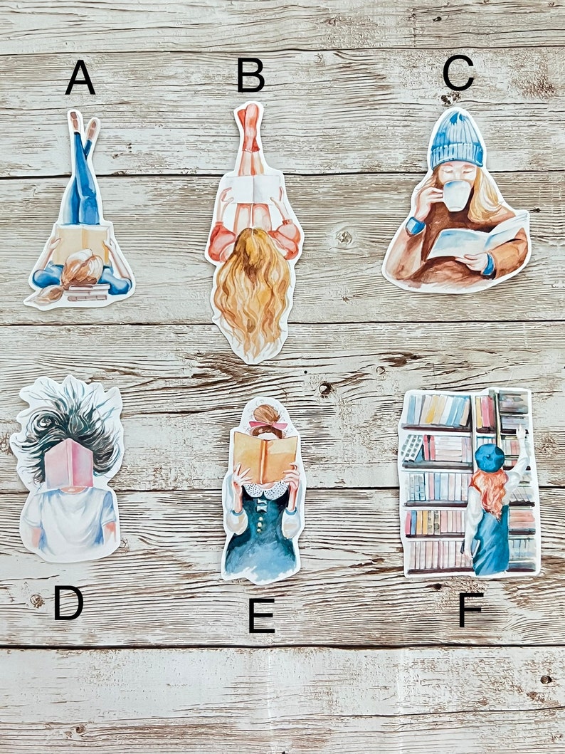 May include: Six watercolor illustrations of women reading books. The illustrations are on a white background with a wood grain texture. The illustrations are labeled with letters A through F.