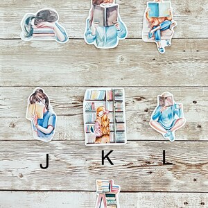 May include: Set of nine watercolor stickers featuring illustrations of people reading books. The stickers are on a wood background.