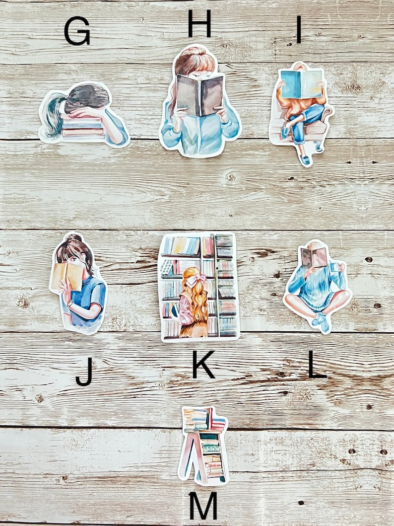 May include: Set of nine watercolor stickers featuring illustrations of people reading books. The stickers are on a wood background.