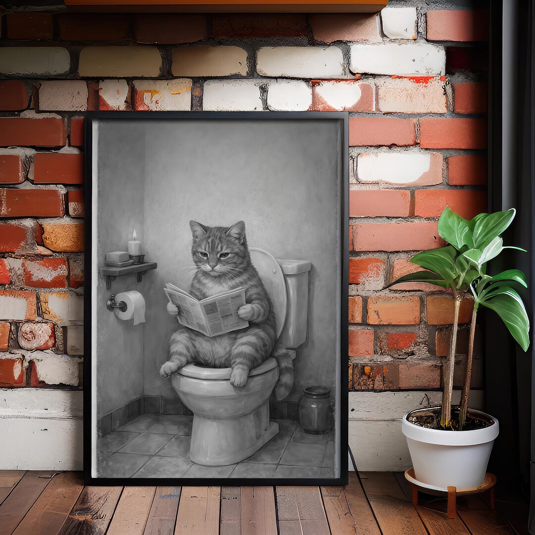 Black & White Funny Cat Bathroom Wall Art, Vintage Humor Animal Print ...