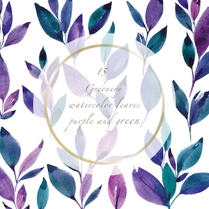 Greenery Foliage Purple Leaves 15 PNG ClipArt Watercolor Botanical Digital Files for Wedding Invitations Scrapbooking and Crafts