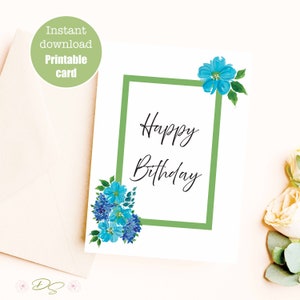 Cartão de feliz aniversário para impressão com flores, cartão de aniversário em aquarela floral, cartão de felicitações em aquarela para impressão, impressão em casa, download instantâneo