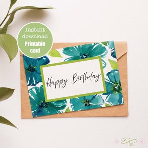 Cartão de feliz aniversário para impressão com flores, cartão de aniversário em aquarela floral, cartão de felicitações em aquarela para impressão, impressão em casa, download instantâneo