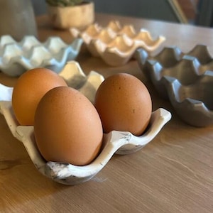 Peut inclure: Trois œufs bruns dans un porte-œufs à motif marbré. Plusieurs autres porte-œufs de différentes couleurs sont visibles en arrière-plan. Les porte-œufs sont sur une surface en bois.
