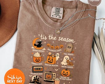Vintage Halloween Shirt, Tis the Season Tee, Retro Spooky Aesthetic Shirt, Pumpkin Witch Graphic Shirt, Fall Holiday Gift for Women