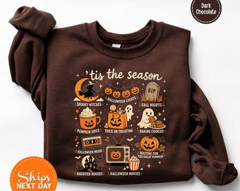 Vintage Halloween Sweatshirt, Tis the Season Hoodie, Retro Spooky Aesthetic Crewneck, Pumpkin Witch Graphic Sweatshirt, Fall Holiday Gift