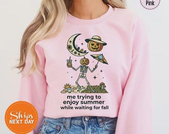 Waiting For Fall Skeleton Pumpkin Sweatshirt, Funny Halloween Graphic Hoodie, Spooky Season Crewneck, Sarcastic Autumn Sweatshirt, Cozy Fall